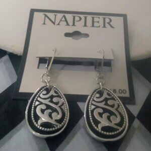 NAPIER Mod/Contemporary Pear Shaped Silver/Black Layered Lever Back Earrings~NEW